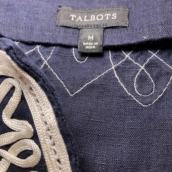 Talbots Linen Tunic Top Navy Blue White Embroidered Long Sleeve Boho Chic Size M - Picture 6 of 7